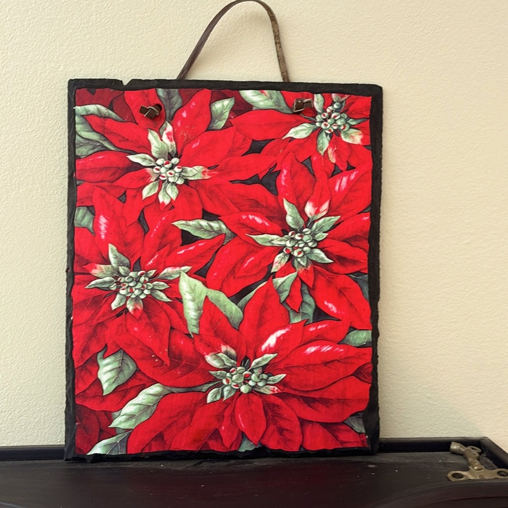 Evergreen Decorative Slate 12 x 9 3/4” Poinsettias wall or Door Hanging